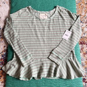 NEW Free People We The Free Turquoise Purple Striped Peplum Long-Sleeve Top Sz L